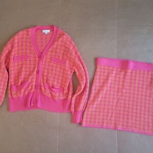 Vibrant Pink and Yellow Women's Cardigan And Skirt Set